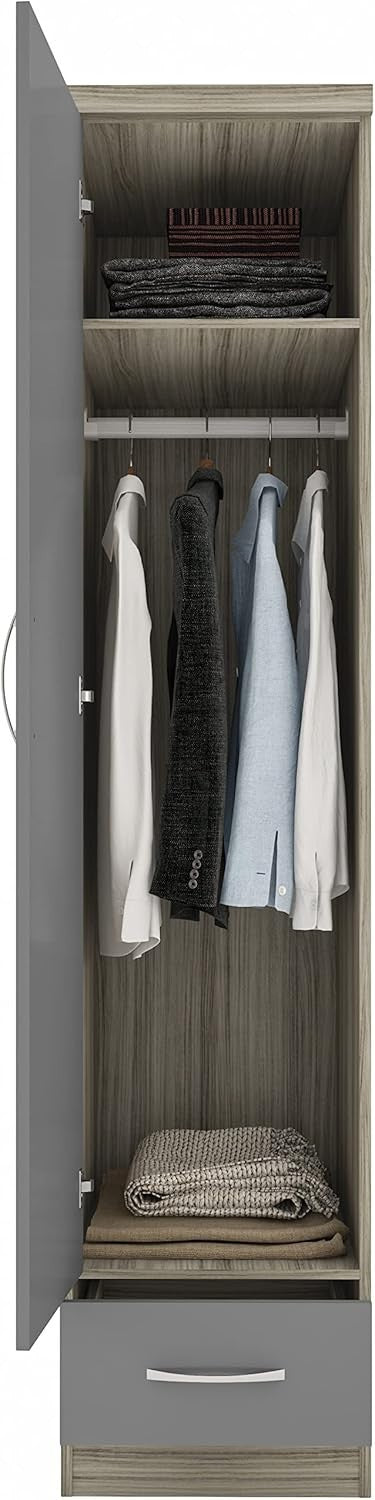 Slim 1 Door Wardrobe with Drawer – Grey Gloss Oak Effect Storage Unit