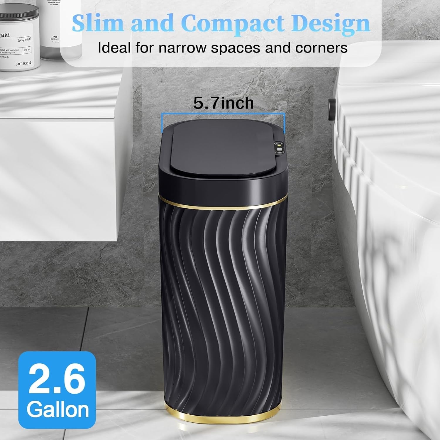 2.6 Gallon Touchless Bathroom Trash Can Slim Waterproof Bin Lid