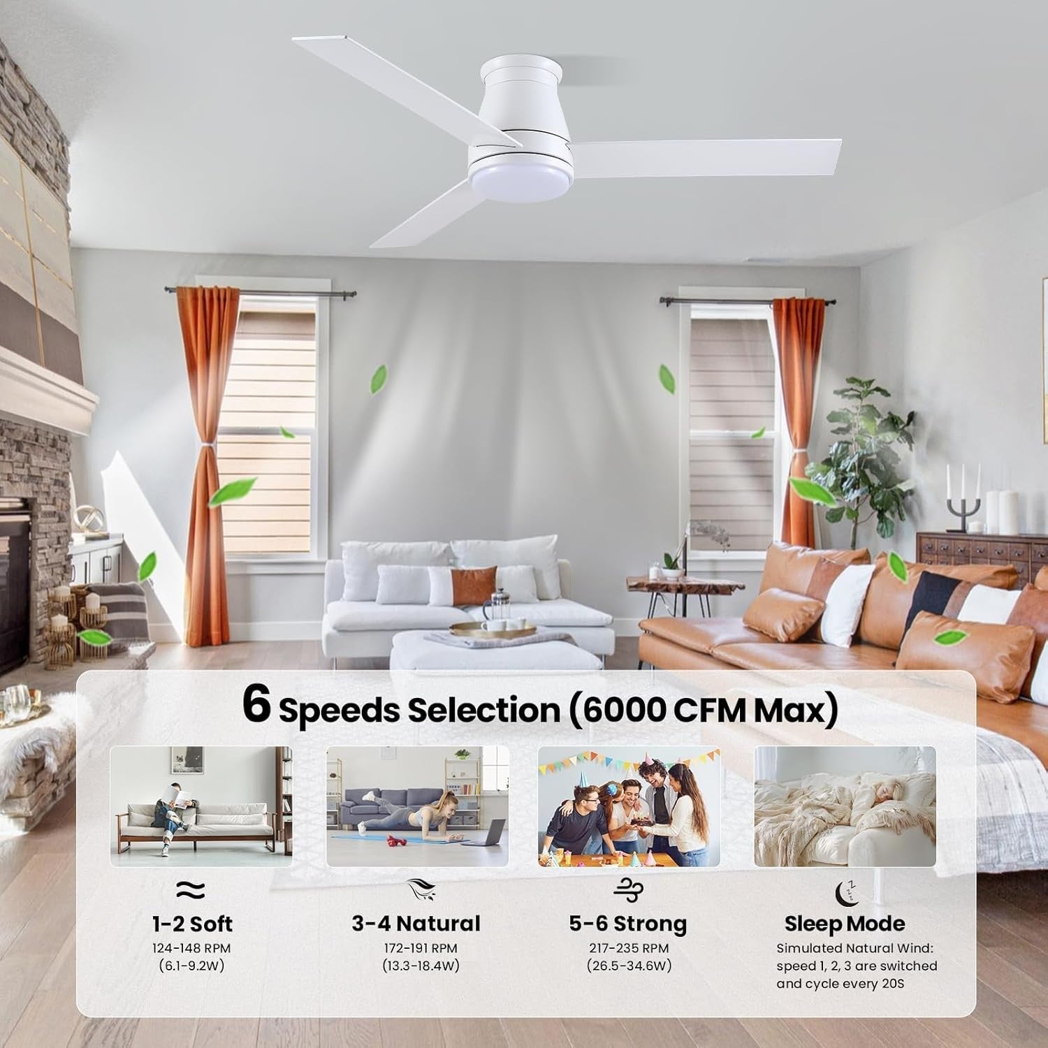 CJOY 52" Ceiling Fan with Lights 6 Speeds Reversible DC Motor White