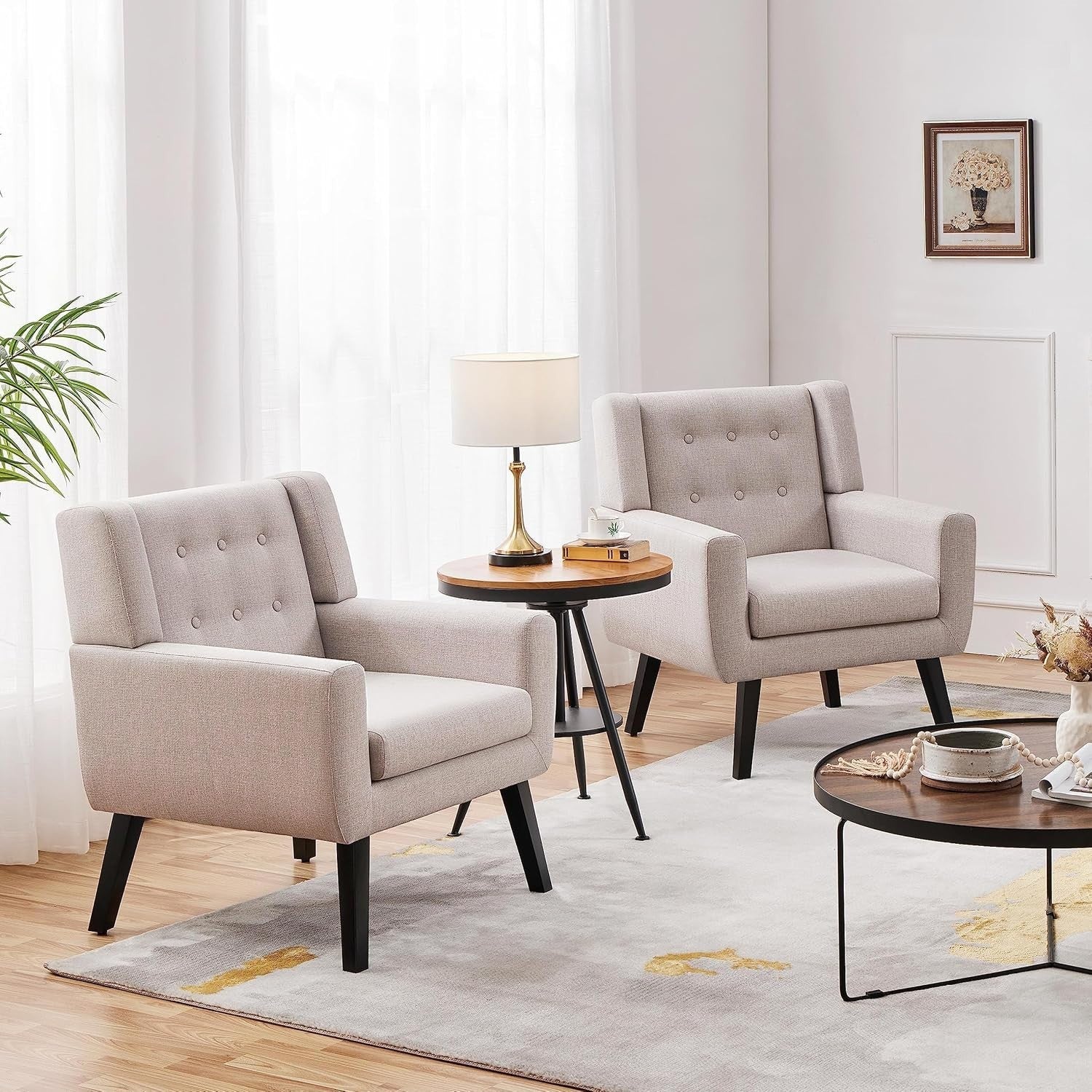 Set of 2 Beige Linen Armchairs, Button Tufted, Mid-Century Modern Chairs