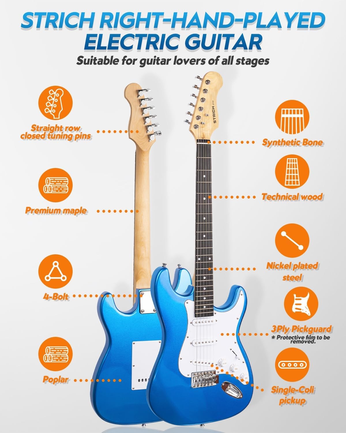 39" Electric Guitar Starter Kit HSS Pickups 10W Amp Blue