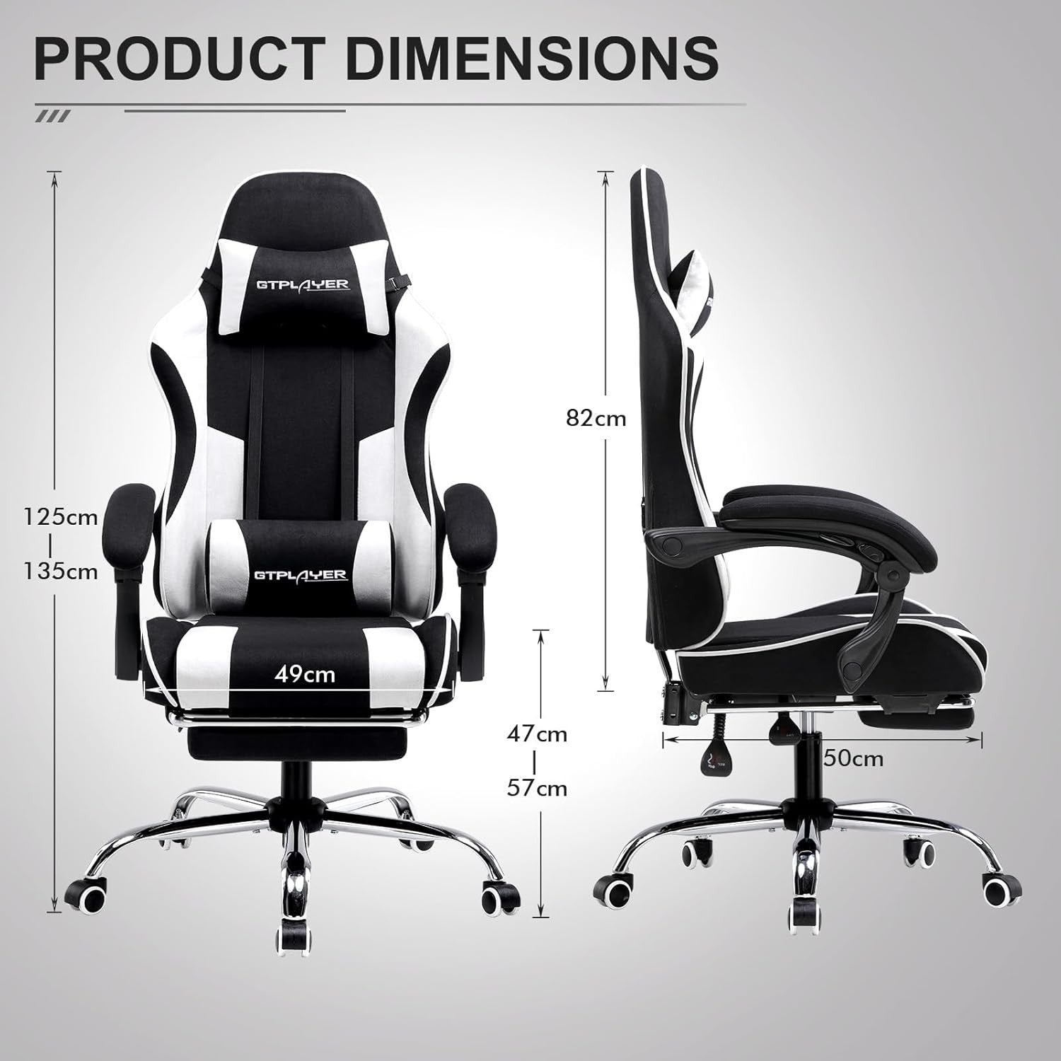 Fabric Gaming Chair w Massage Lumbar Footrest Reclining White