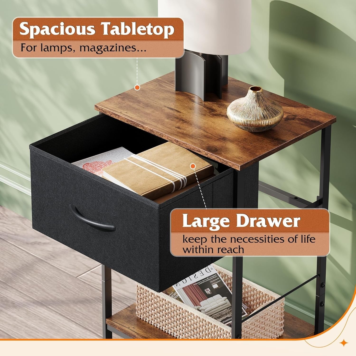 Rustic Brown 2-Tier Bedside Table with Drawer – Slim Nightstand Storage