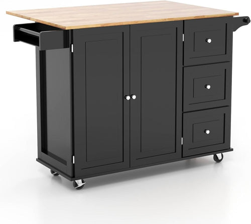 Black Rolling Kitchen Island Cart with Extendable Top, 3 Drawers & Adjustable Sh