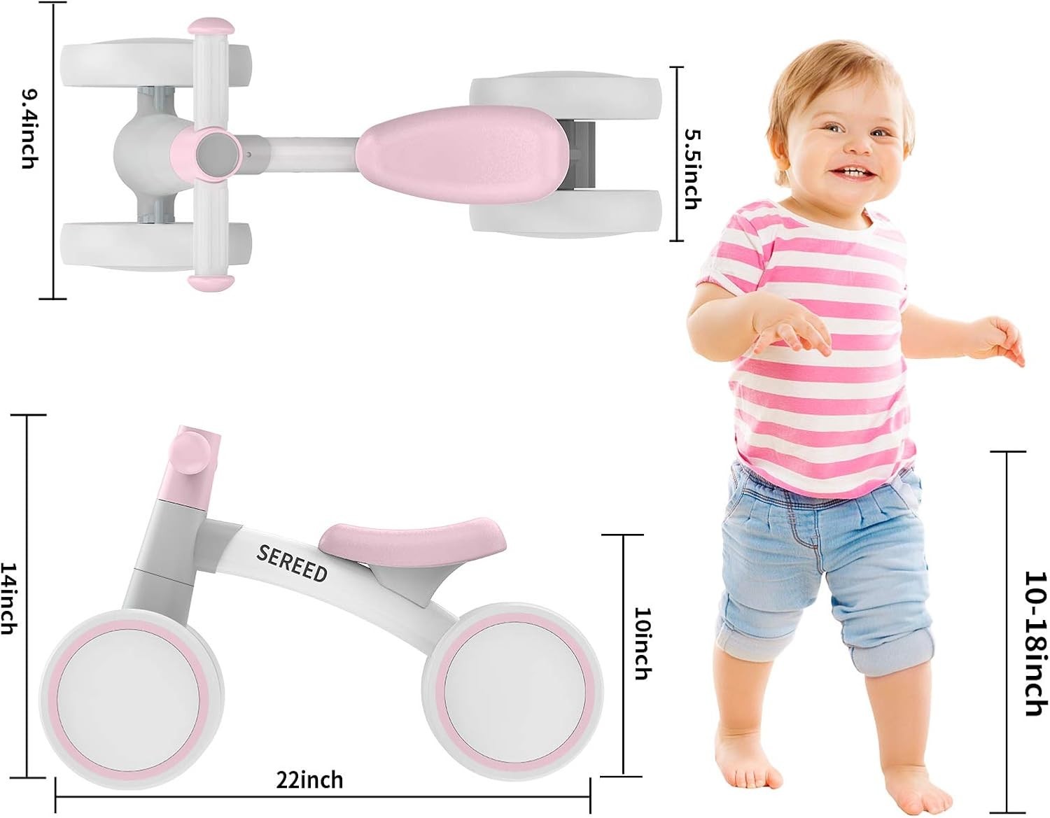 Baby Balance Bike 4 Wheel Toddler First Ride On Toy 12-24 Months Pink