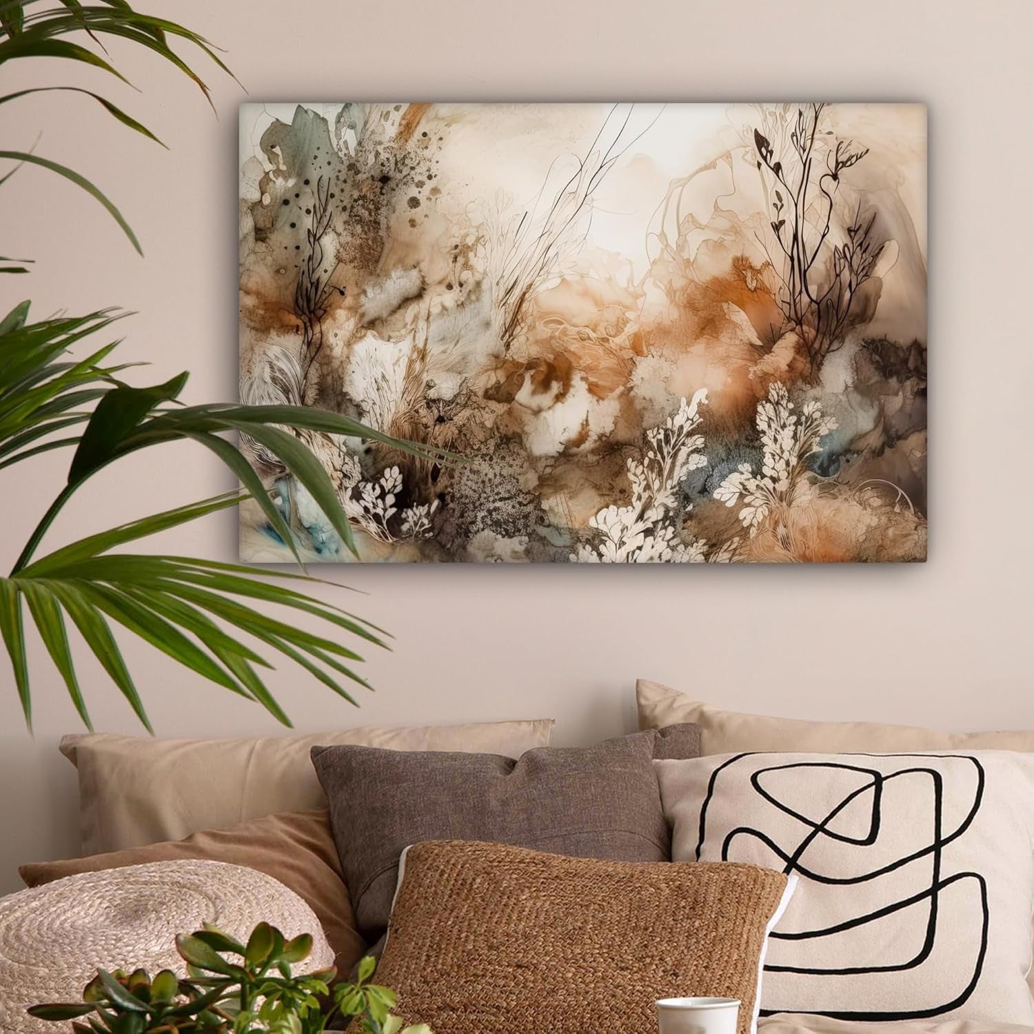 Abstract Floral Canvas Wall Art 60x40cm Framed Beige Nature