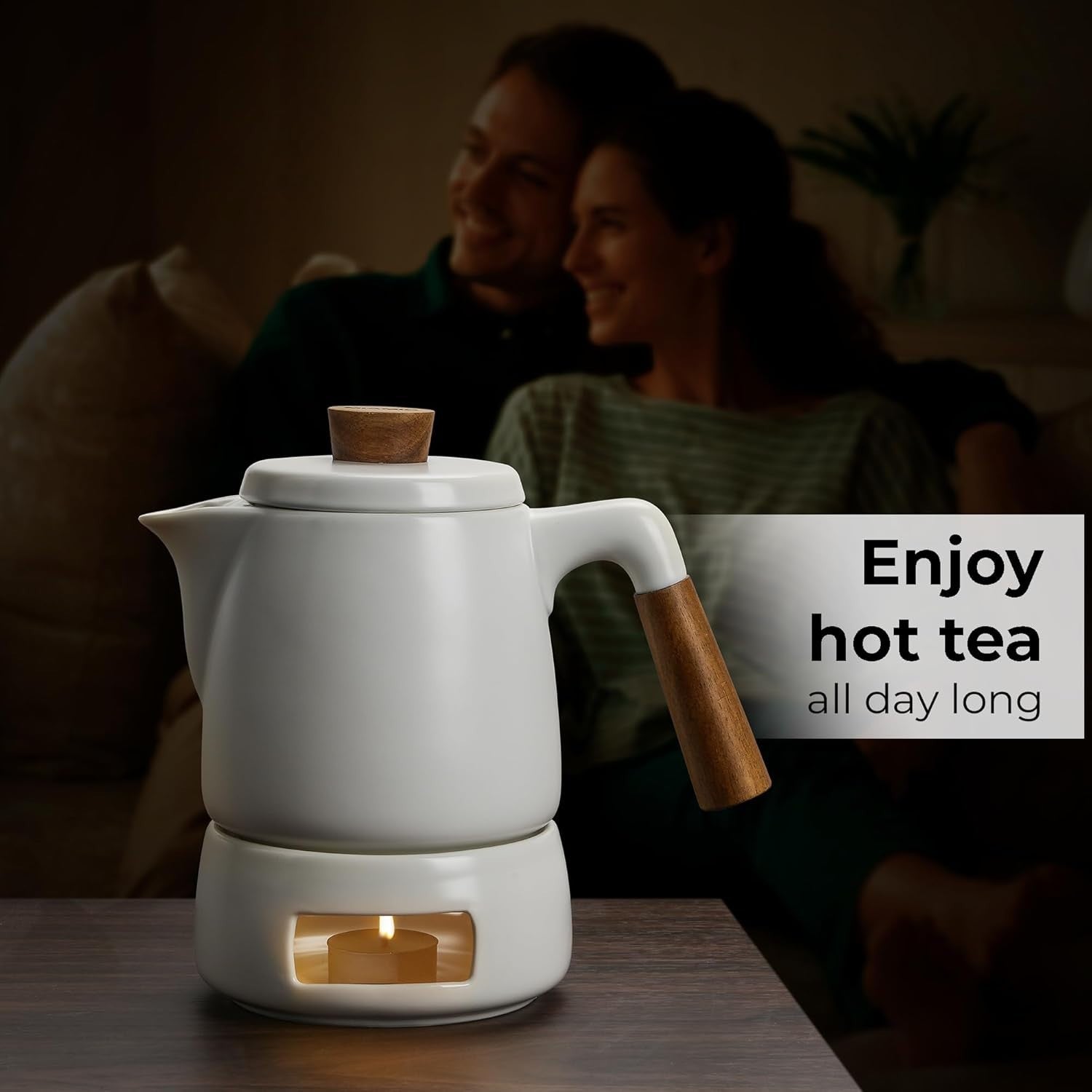 Ceramic Teapot Set with Warmer 1L Tea Pot Infuser Candle Heater