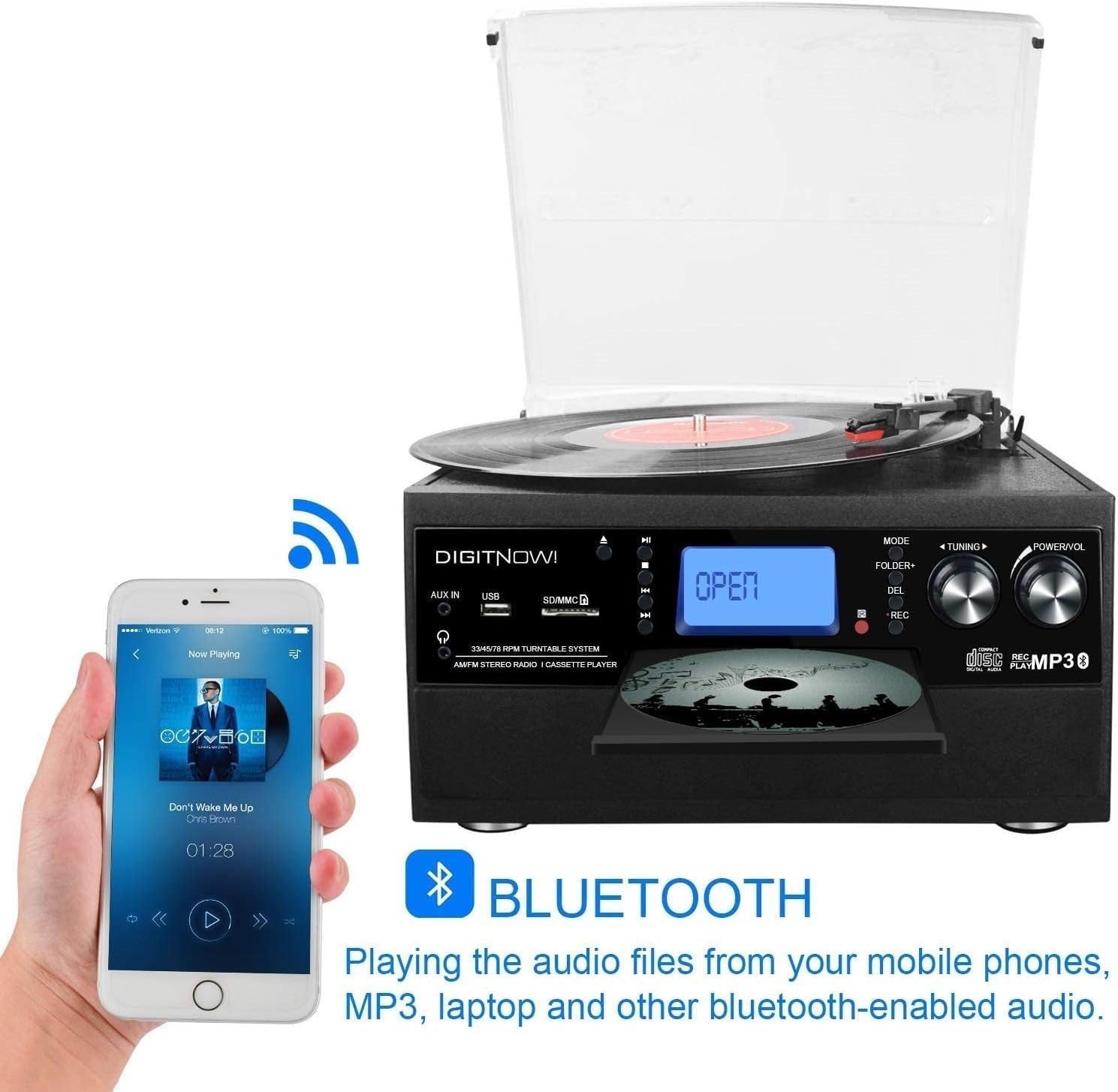 Bluetooth Record Player Turntable CD Cassette AM FM USB SD Encoding