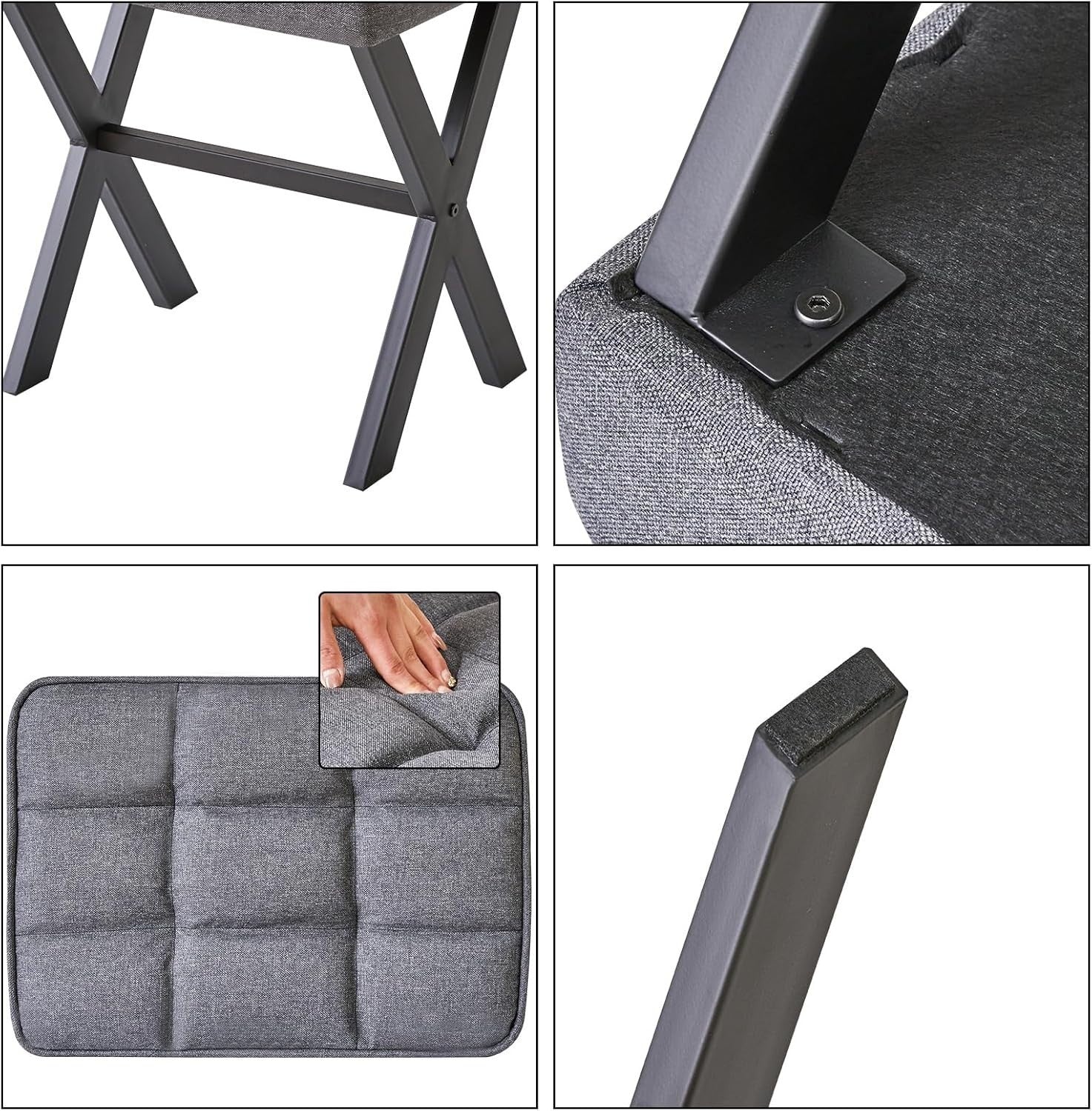 Dark Grey Linen Makeup Stool with X-Leg Base – Square Vanity Footrest