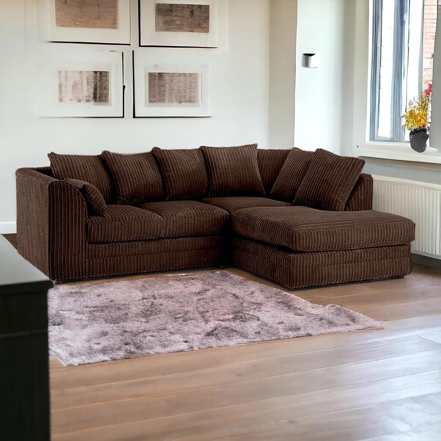 4 Seater Brown Jumbo Cord Scatter Back Right Hand Corner Sofa with Deep Seats