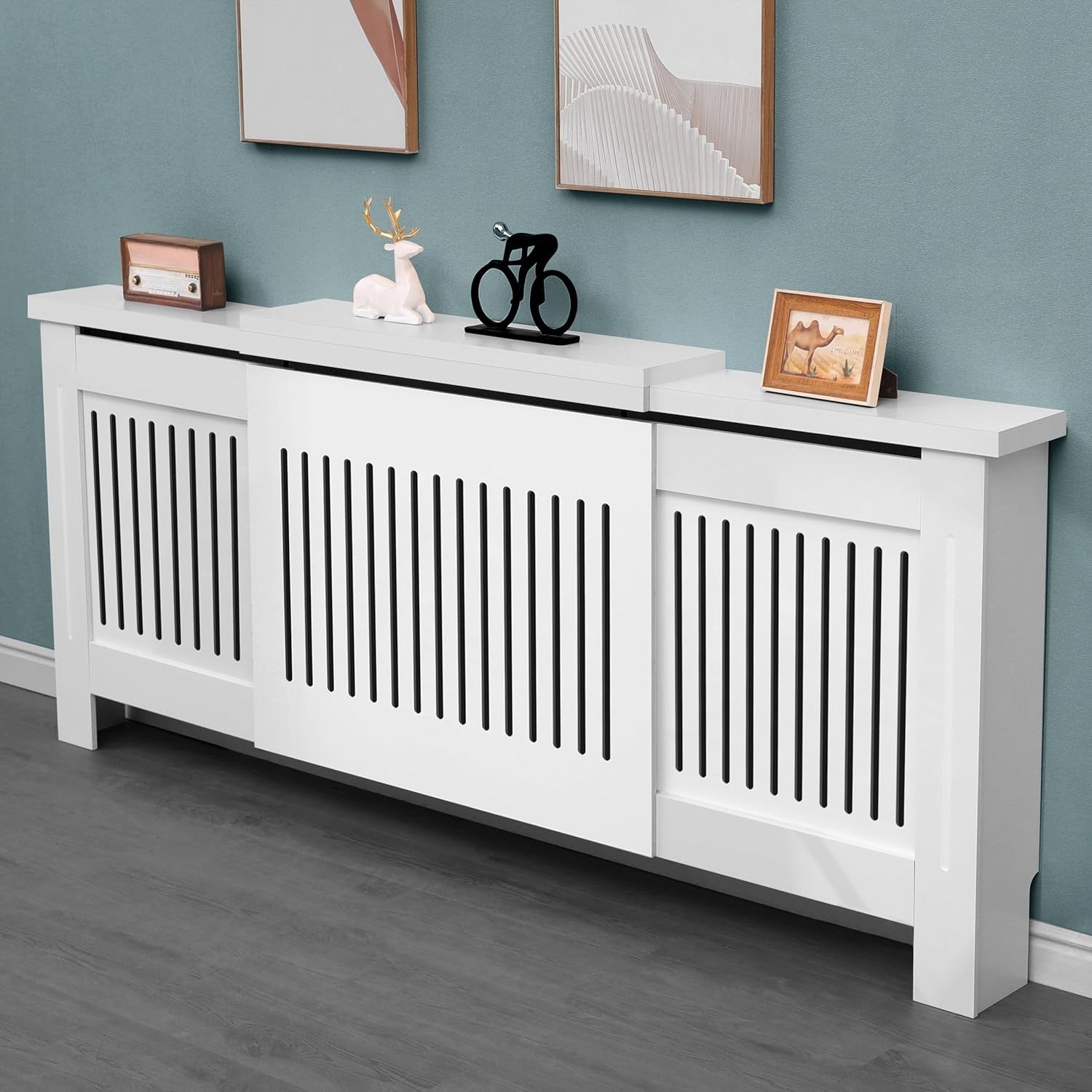 Adjustable White Radiator Cover Cabinet | MDF Wood Slatted Heating Shelf