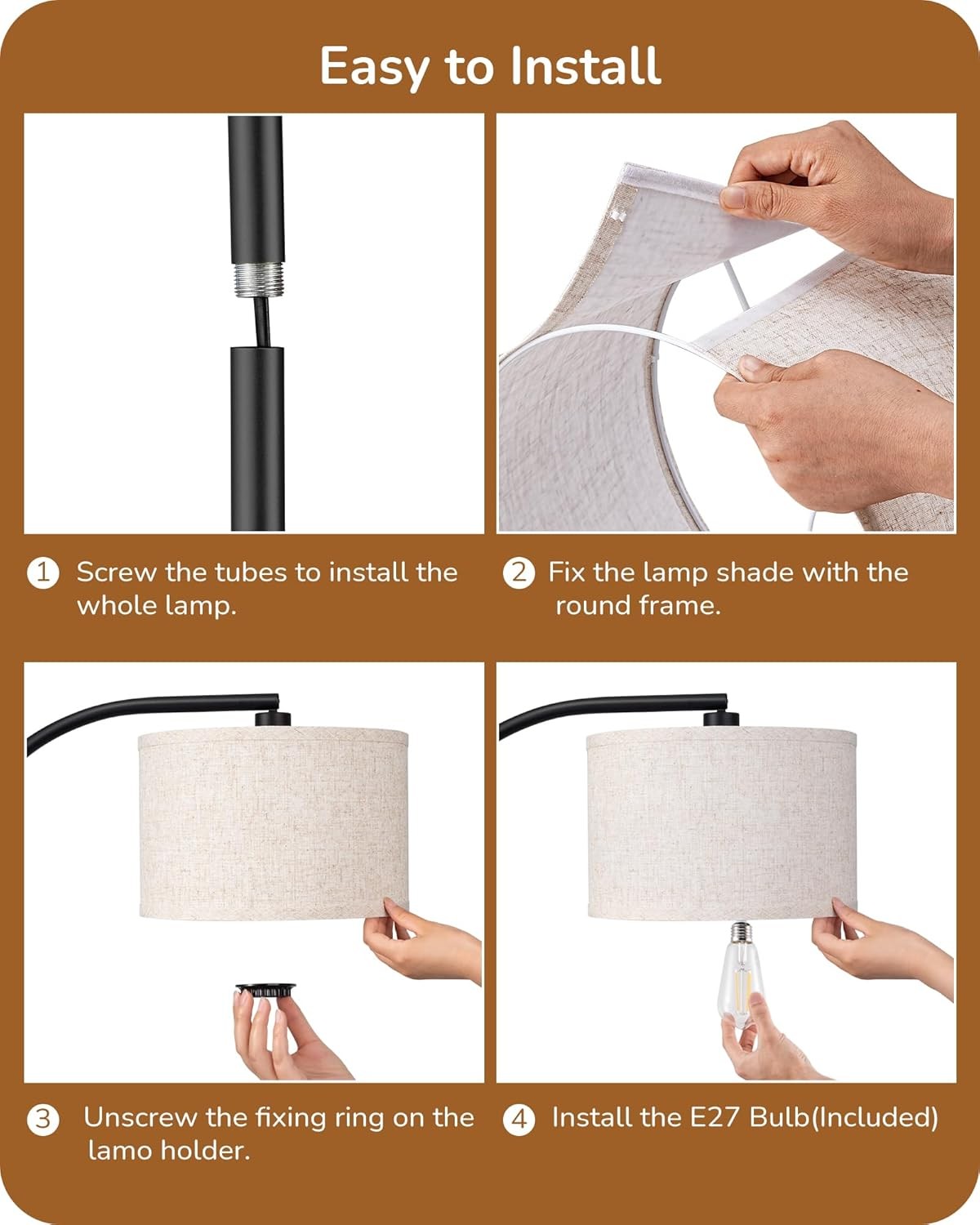 Modern Arc Floor Lamp Adjustable Linen Shade Black Standing Reading Light