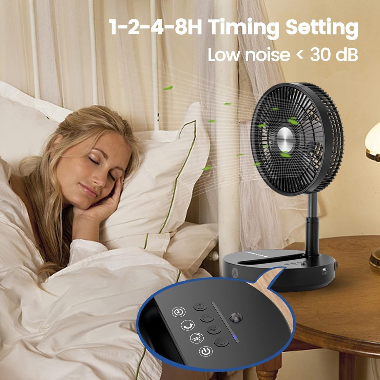 Rechargeable Folding Pedestal Fan 10 Inch 4-Speed Remote Control Portable Quiet