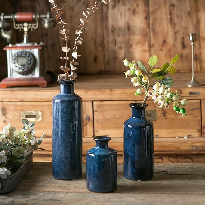 Blue Ceramic Vase Set Modern Decorative Bottle Vases for Home Decor