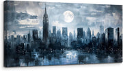 Large Blue City Night Canvas Wall Art – Modern Abstract Urban Decor 20x40"