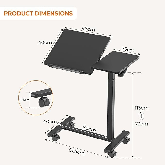 Overbed Laptop Table Tilt Top C Shaped Height Adjustable on Wheels 70x40cm