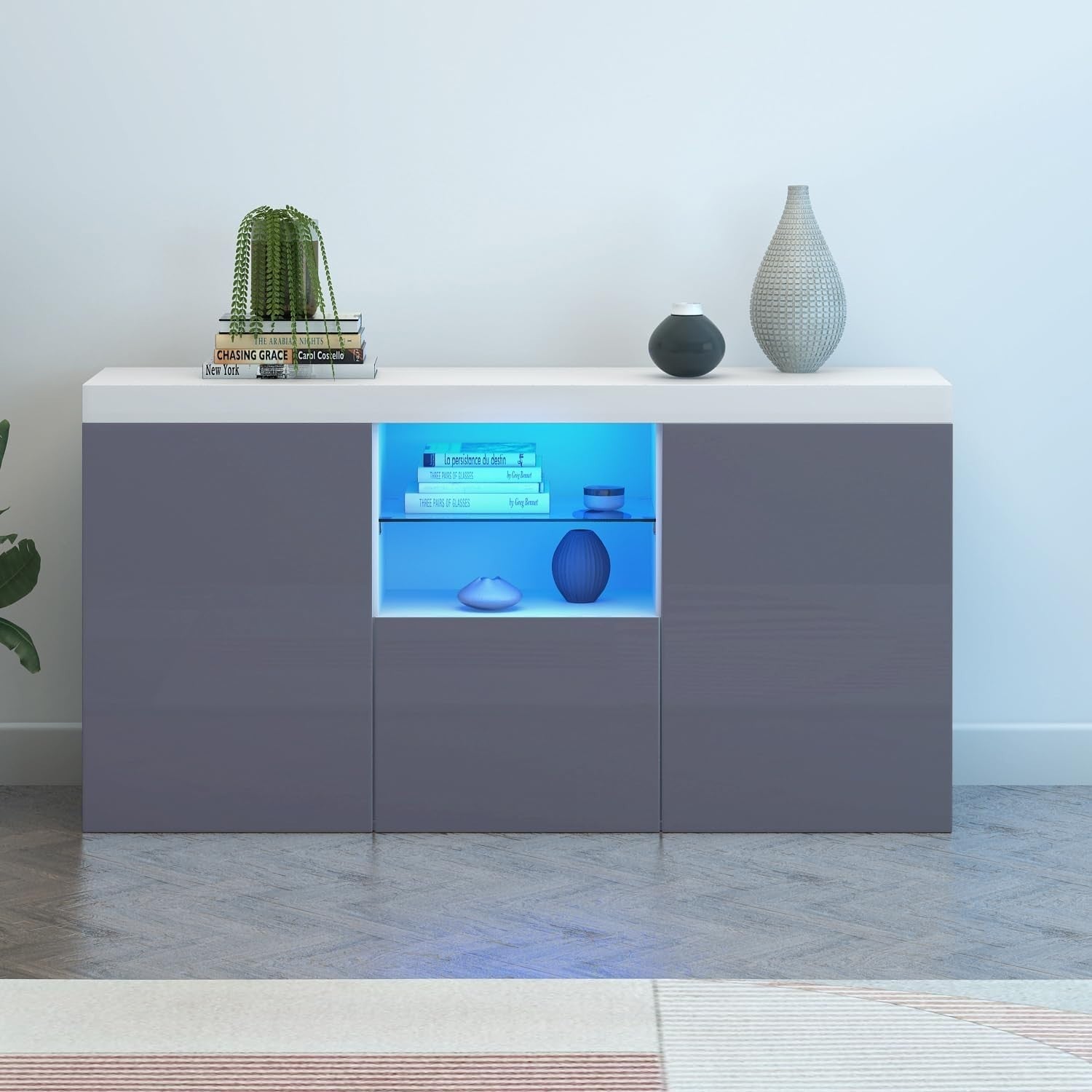 High Gloss Grey Sideboard Cabinet with LED Lights 3 Doors Storage Unit