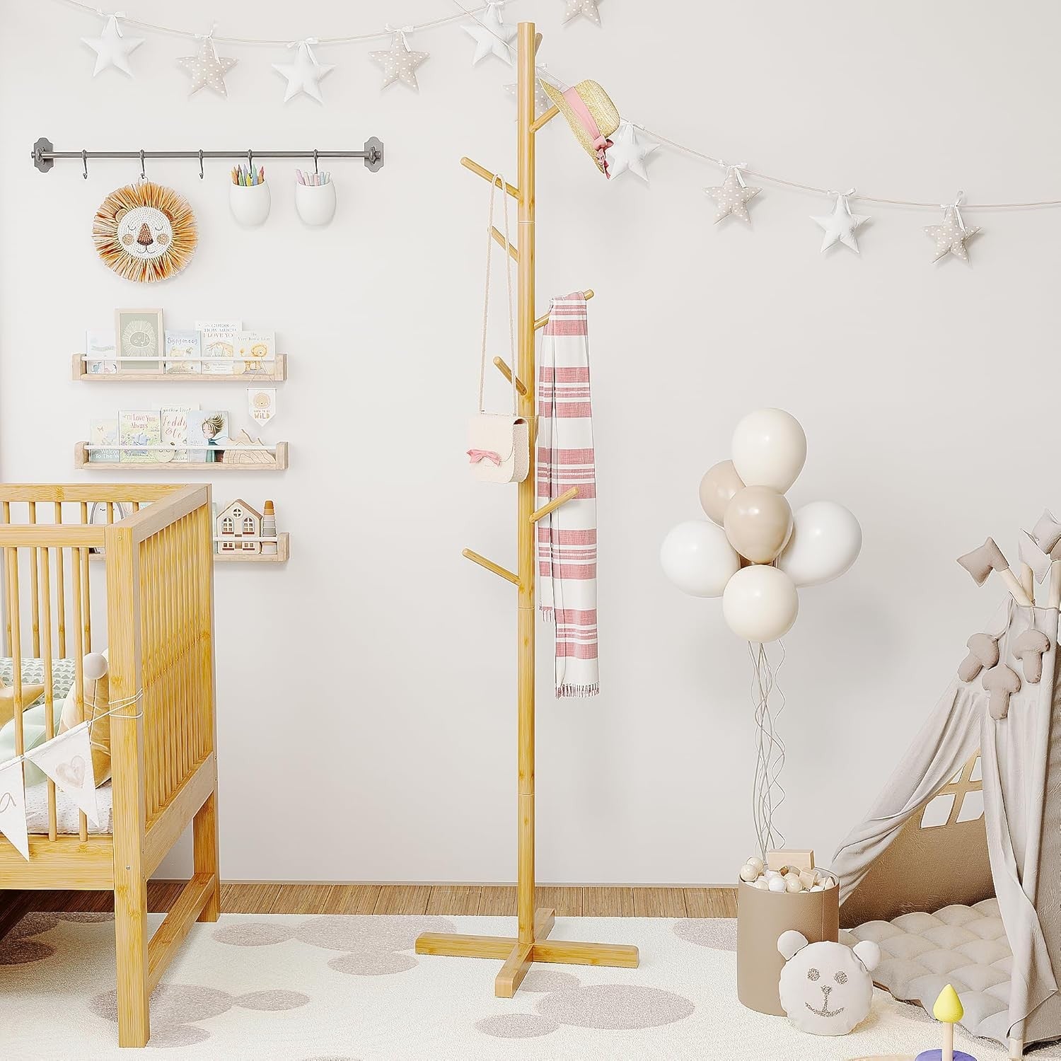 Freestanding Wooden Coat Rack 9 Hooks Adjustable Height Hall Tree Stand