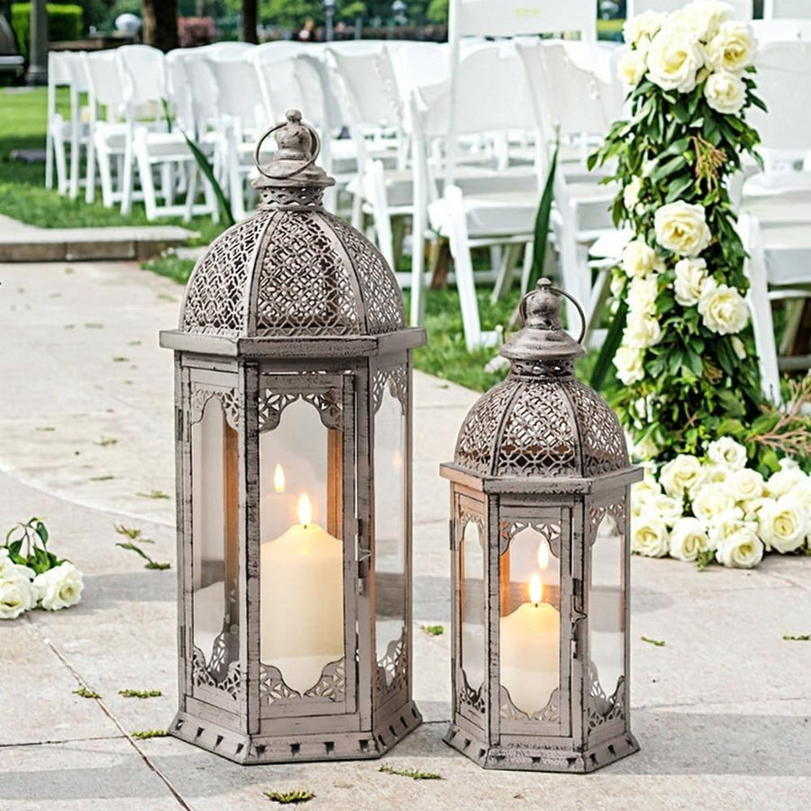 2 Pack Grey Gold Vintage Metal Candle Lanterns Indoor Outdoor Decor