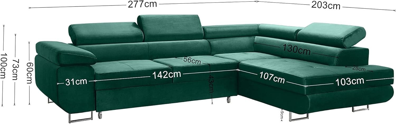 Grey Corner Sofa Bed with Storage, Adjustable Headrests, Modern L Shape