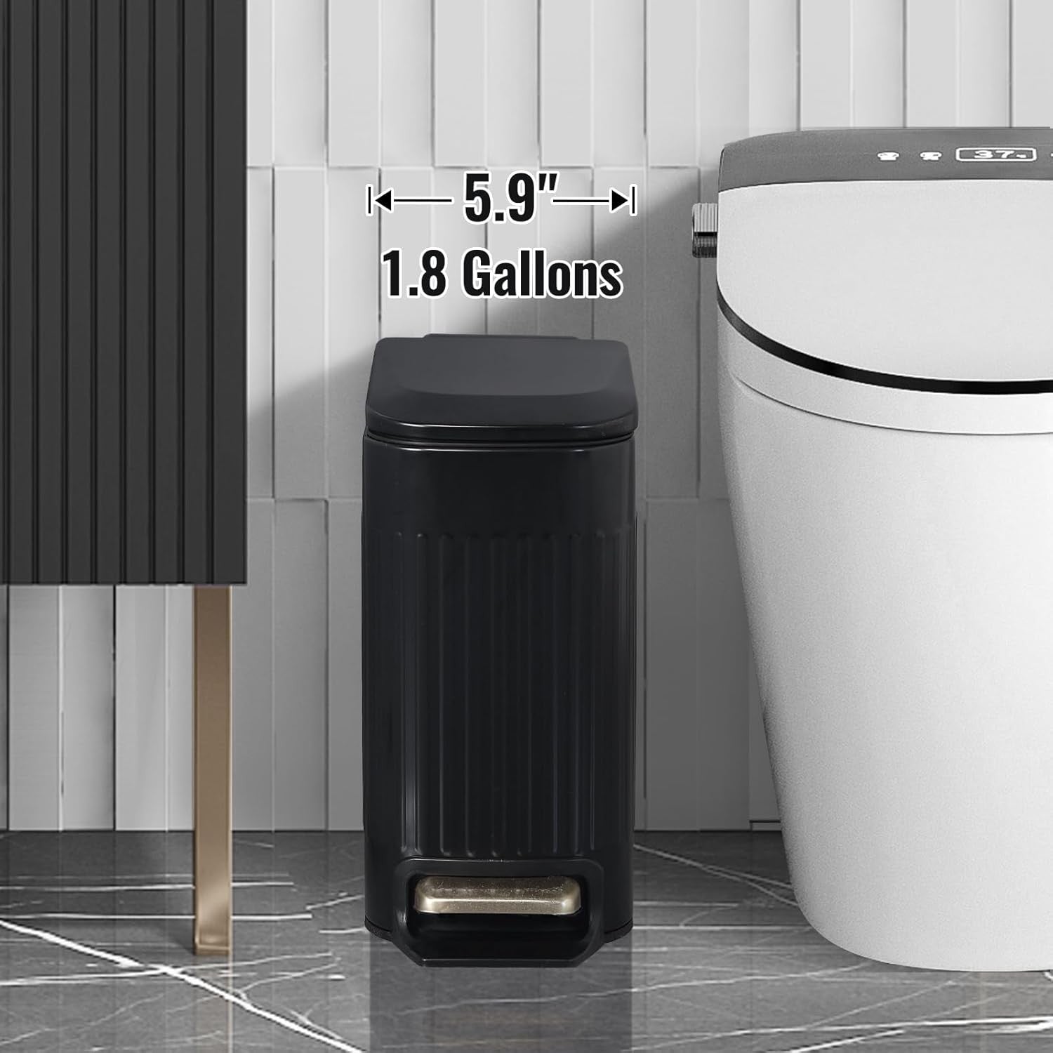 7L Slim Bathroom Pedal Bin Matt Black Stainless Steel Soft Close