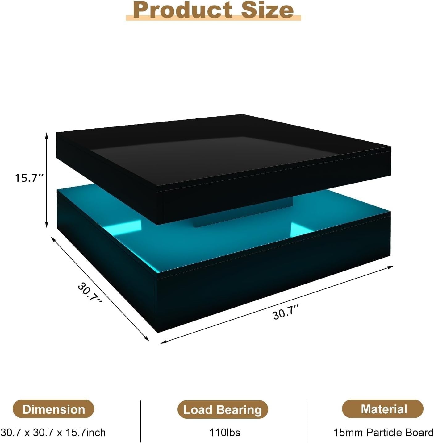 Black Glossy LED Coffee Table with Storage, 2-Tier Square 78x78cm