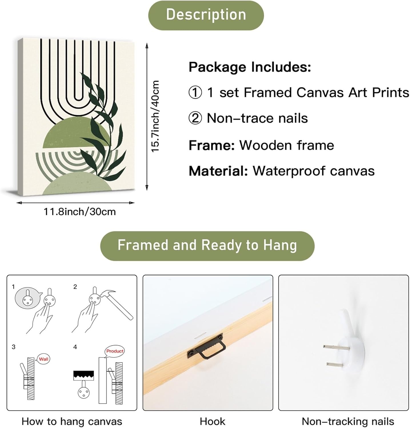 Sage Green Wall Art Set of 3 Framed Boho 12x16in