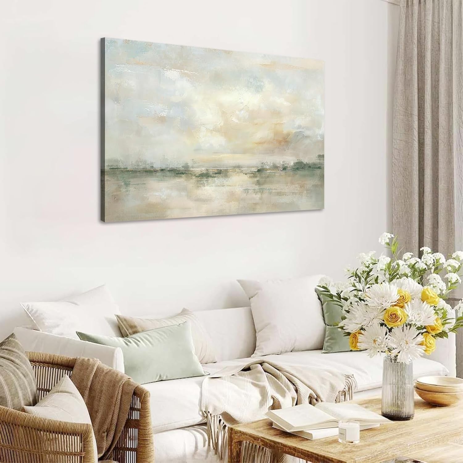 Abstract Neutral Canvas Wall Art Framed Modern Watercolor Landscape Decor