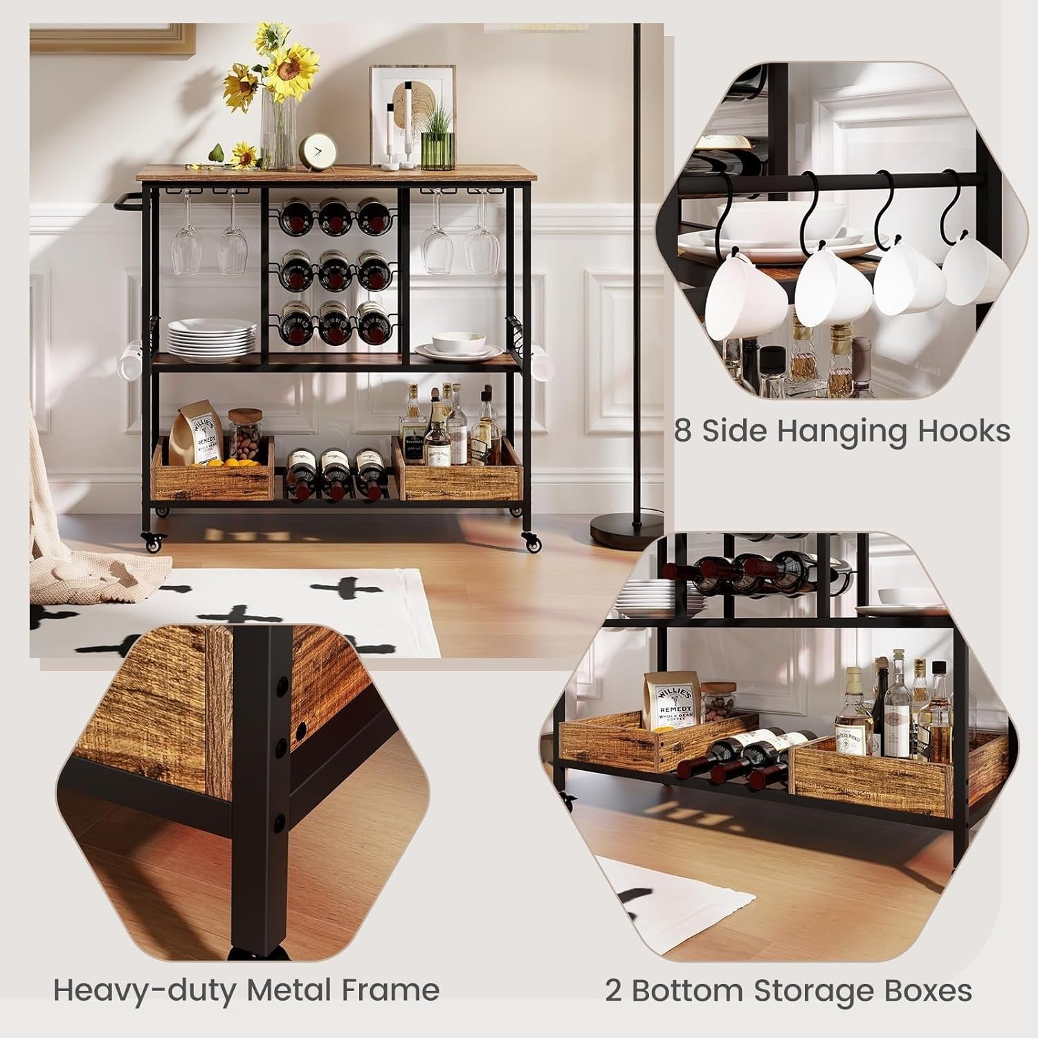 3 Tier Rolling Bar Cart 9 Bottle Wine Rack Drinks Trolley