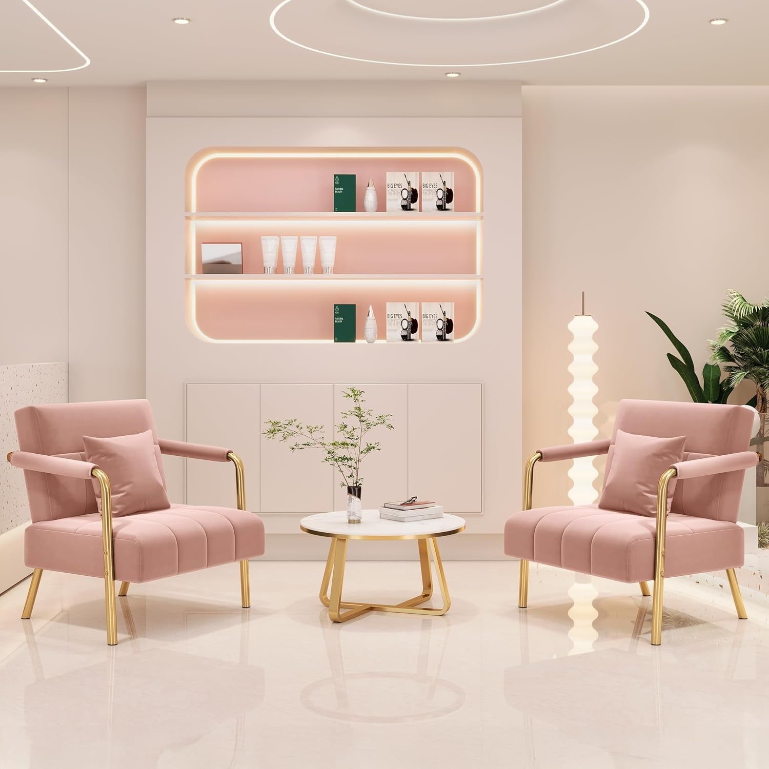 Velvet Accent Tub Chair Gold Legs Armchair w/ Cushion Pink