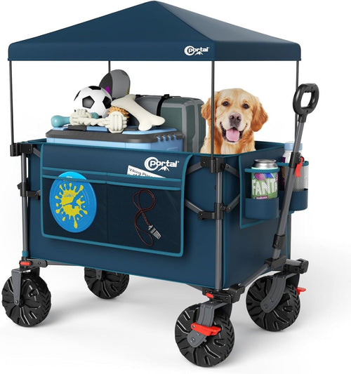 Blue 350L XXL Folding Beach Trolley Heavy Duty Wagon w/ Canopy & Tailgate