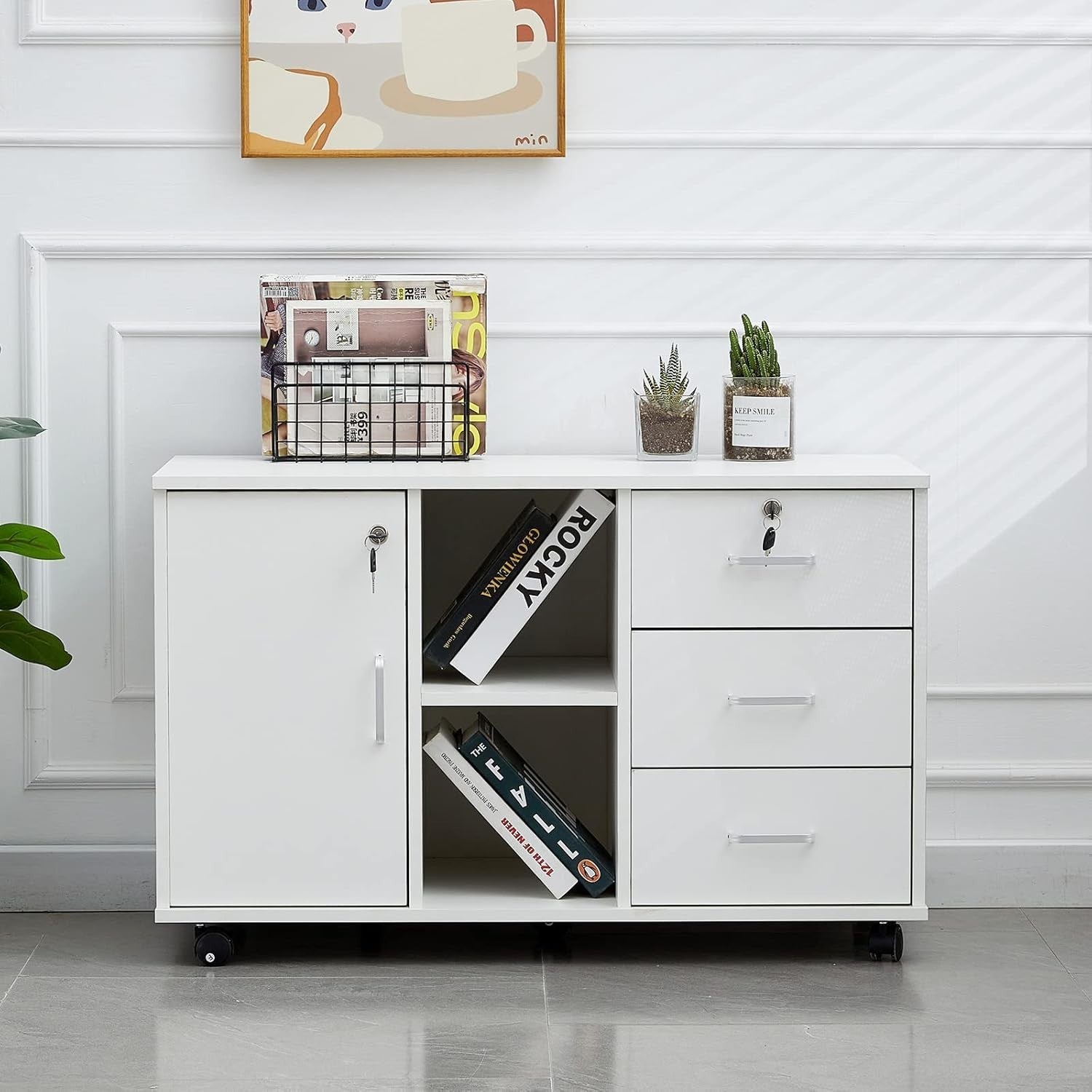 Large Locking Rolling File Cabinet 3 Drawer Printer Stand Storage Unit