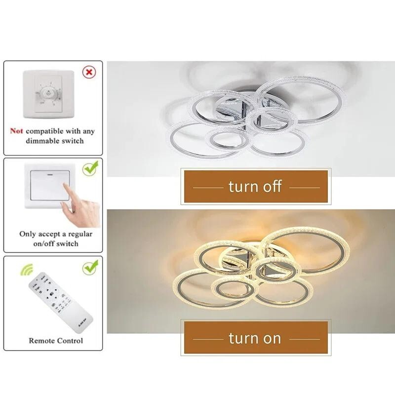 Modern LED 6 Ring Ceiling Light Chrome 76W Dimmable Flush Mount Remote