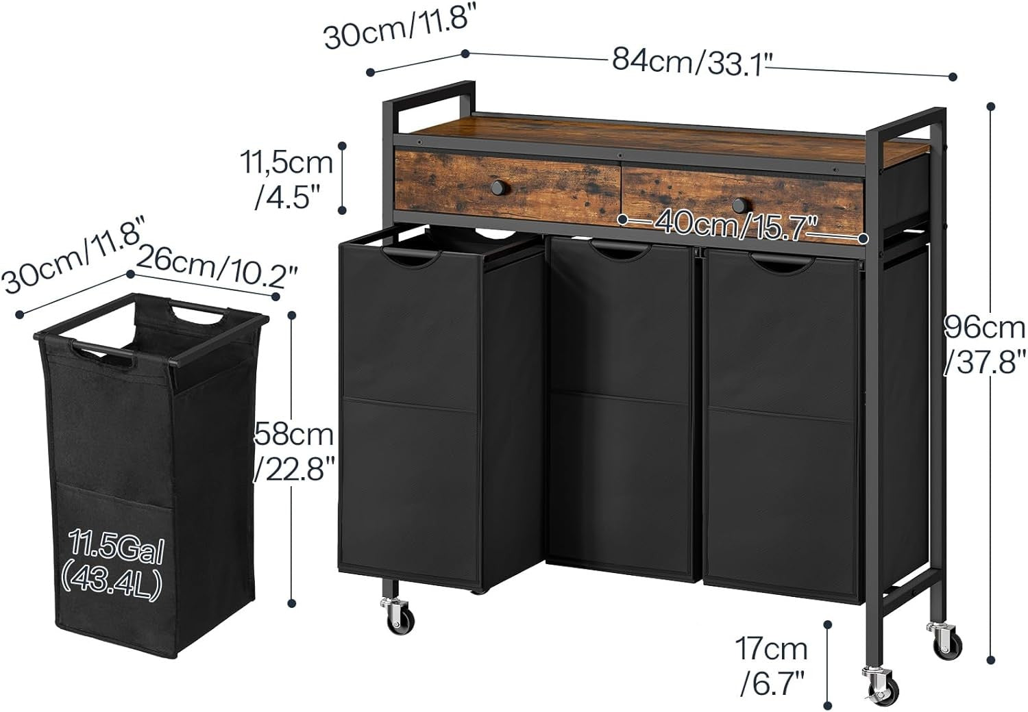 3 Compartment Laundry Sorter on Wheels Rustic Brown Black with Pull Out Bags