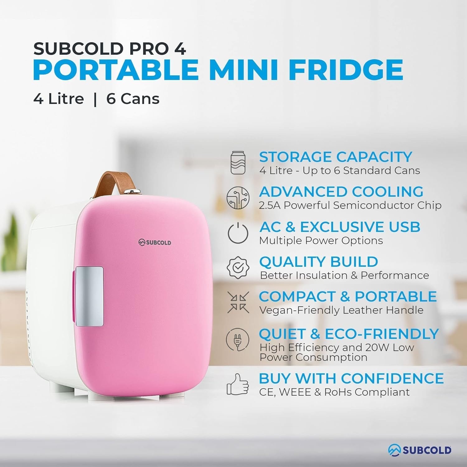 Portable 4L Mini Fridge Small Cooler for Office Bedroom Car Travel Pink