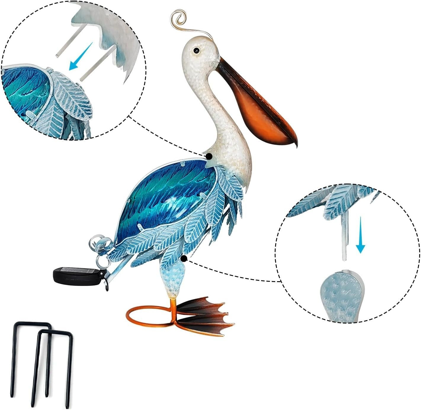 Solar Metal Pelican Garden Statue 19" Coastal Bird Ornament Outdoor Yard Decor