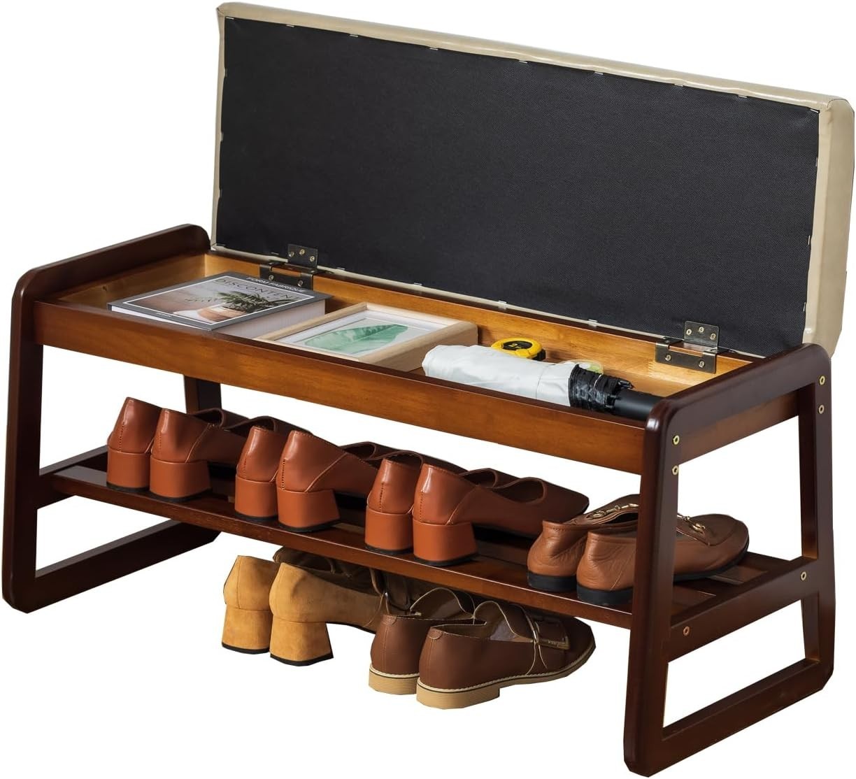Modern Grey Shoe Bench with Cushion & Flip-Top Storage, Solid Wood 2-Tier