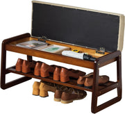 Modern Grey Shoe Bench with Cushion & Flip-Top Storage, Solid Wood 2-Tier