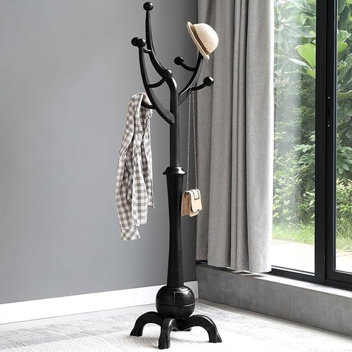Solid Wood Coat Rack 180cm Tree Stand with 8 Hooks Black Freestanding