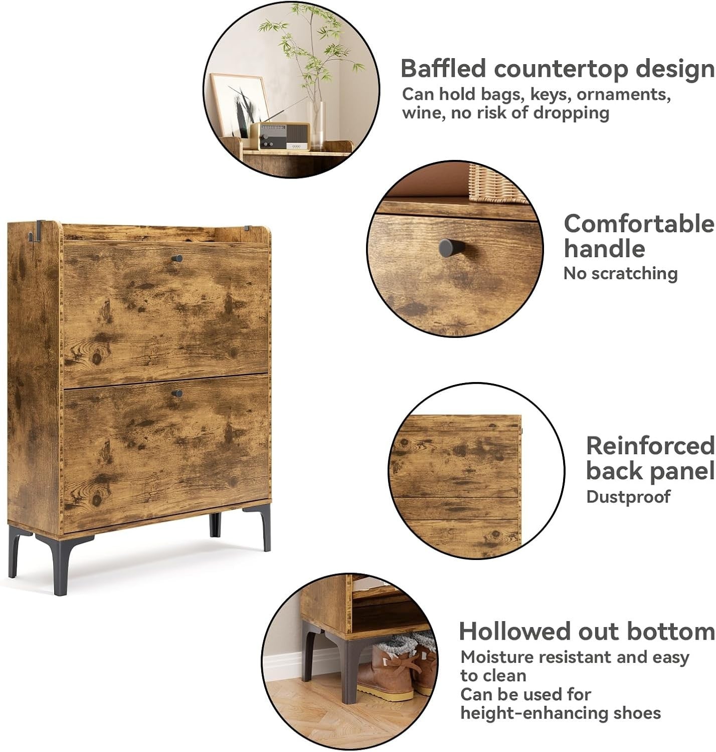 Rustic Brown 2 Drawer Shoe Cabinet with Adjustable Dividers & Flip Storage.