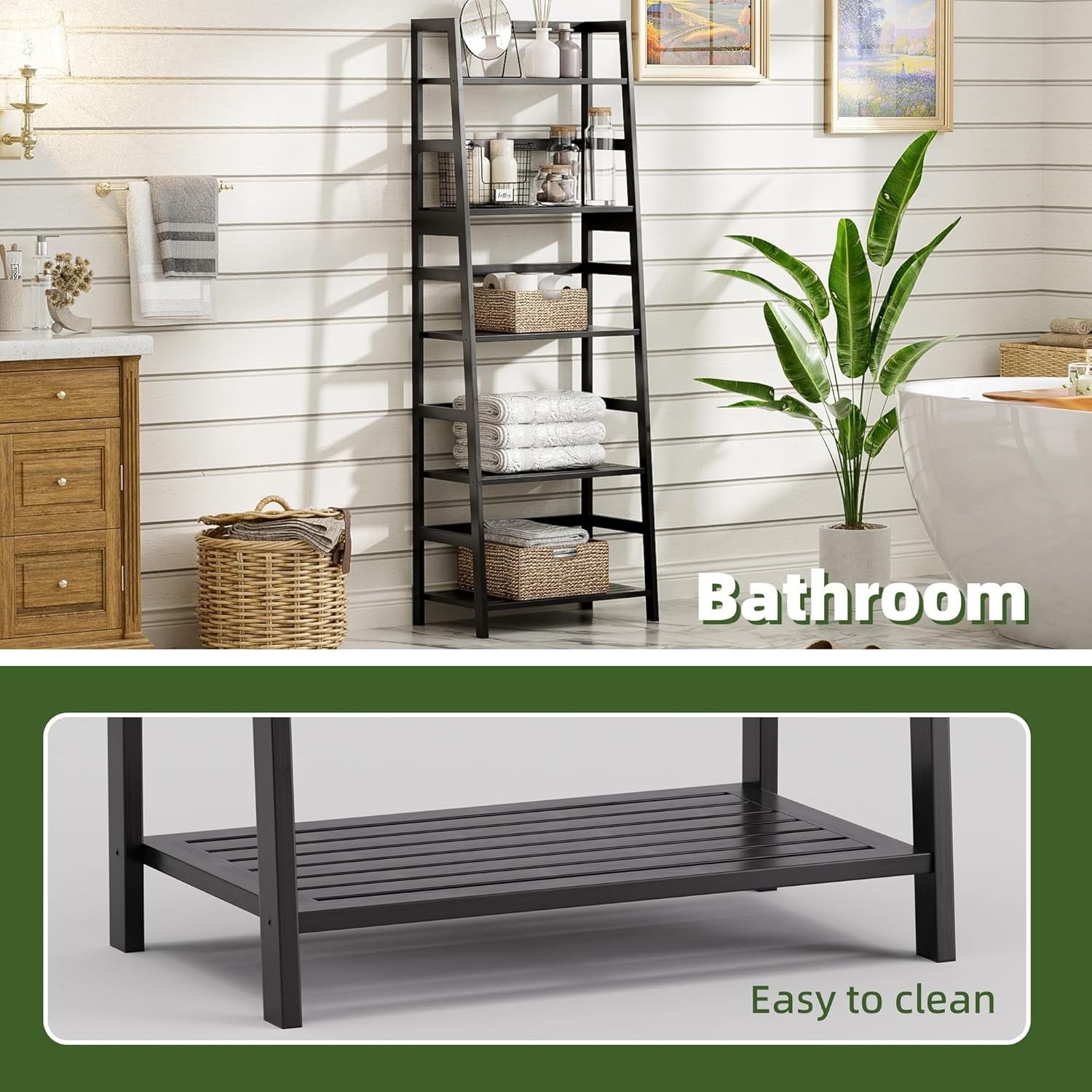 Black 5-Tier Bamboo Ladder Bookcase, Heavy Duty Tall Display Storage Shelf