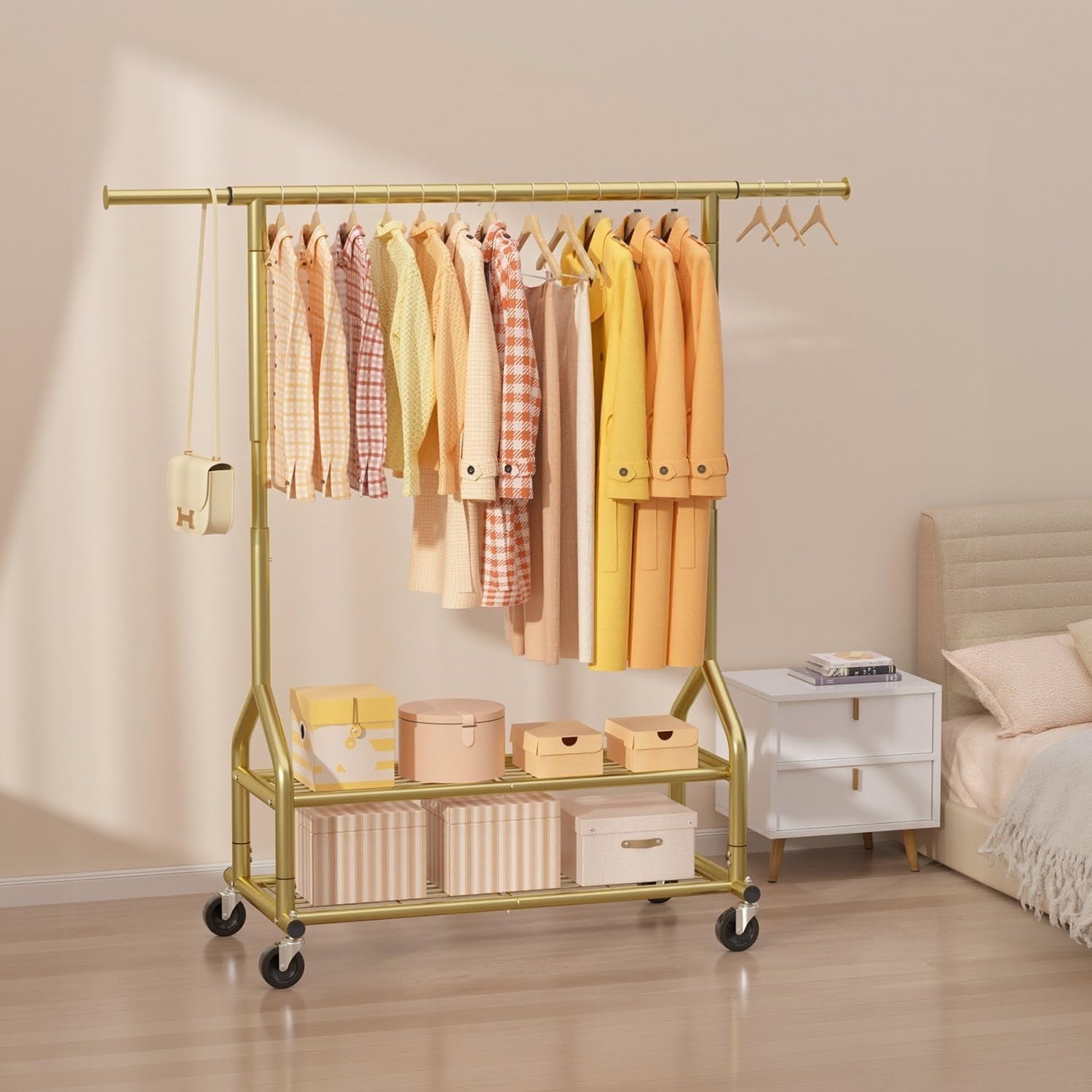Gold Heavy Duty 252KG Clothes Rail With Shelves & Wheels