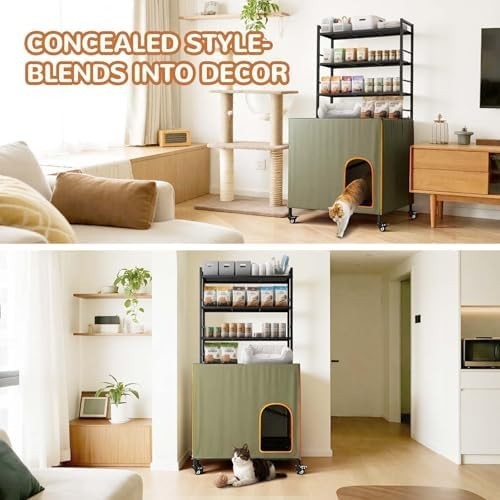 Hidden Cat Litter Box Cabinet with Wheels & Storage, Waterproof Green Enclosure