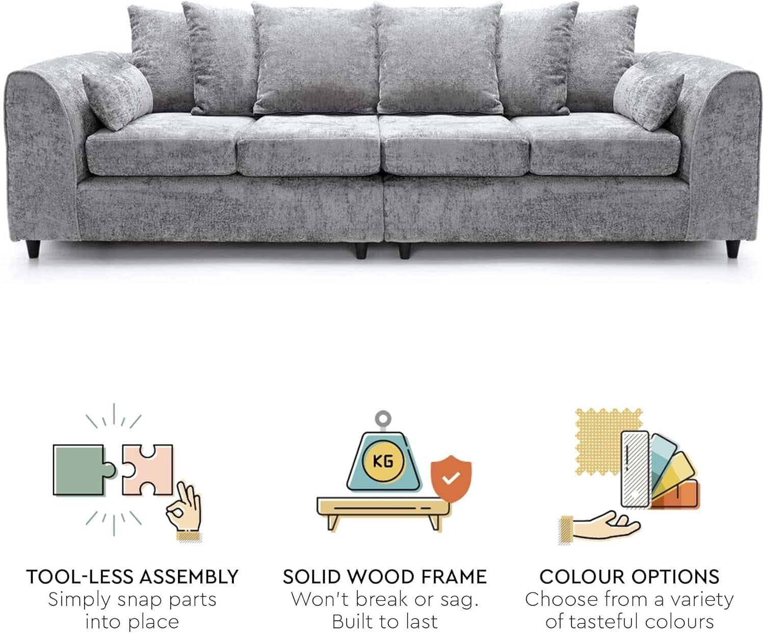 Spacious 4-Seater Sofa Silver Chenille Fabric Deep Cushions Durable Frame