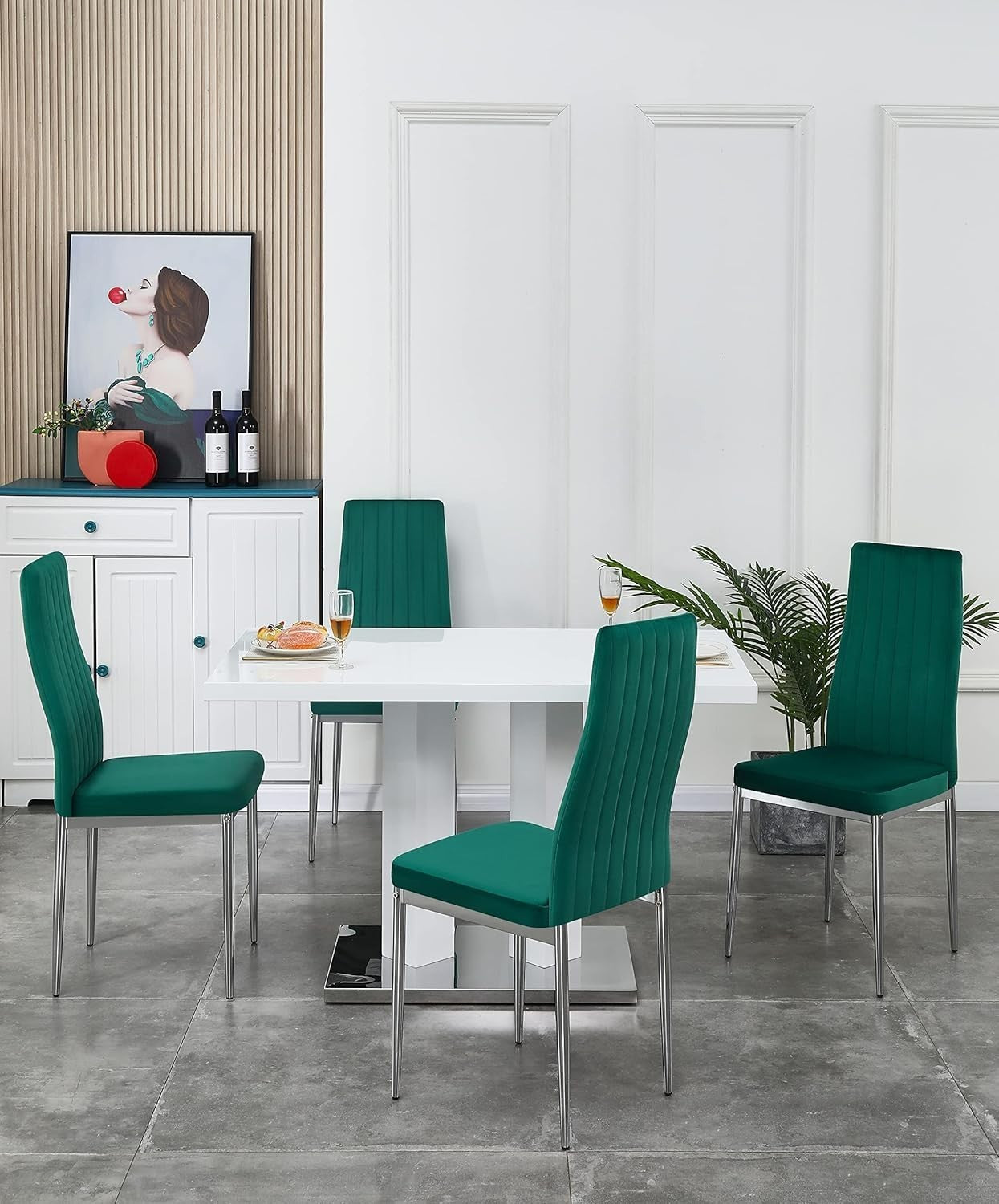 Modern White Dining Table Set 4 Chairs Velvet Green High Gloss Rectangular