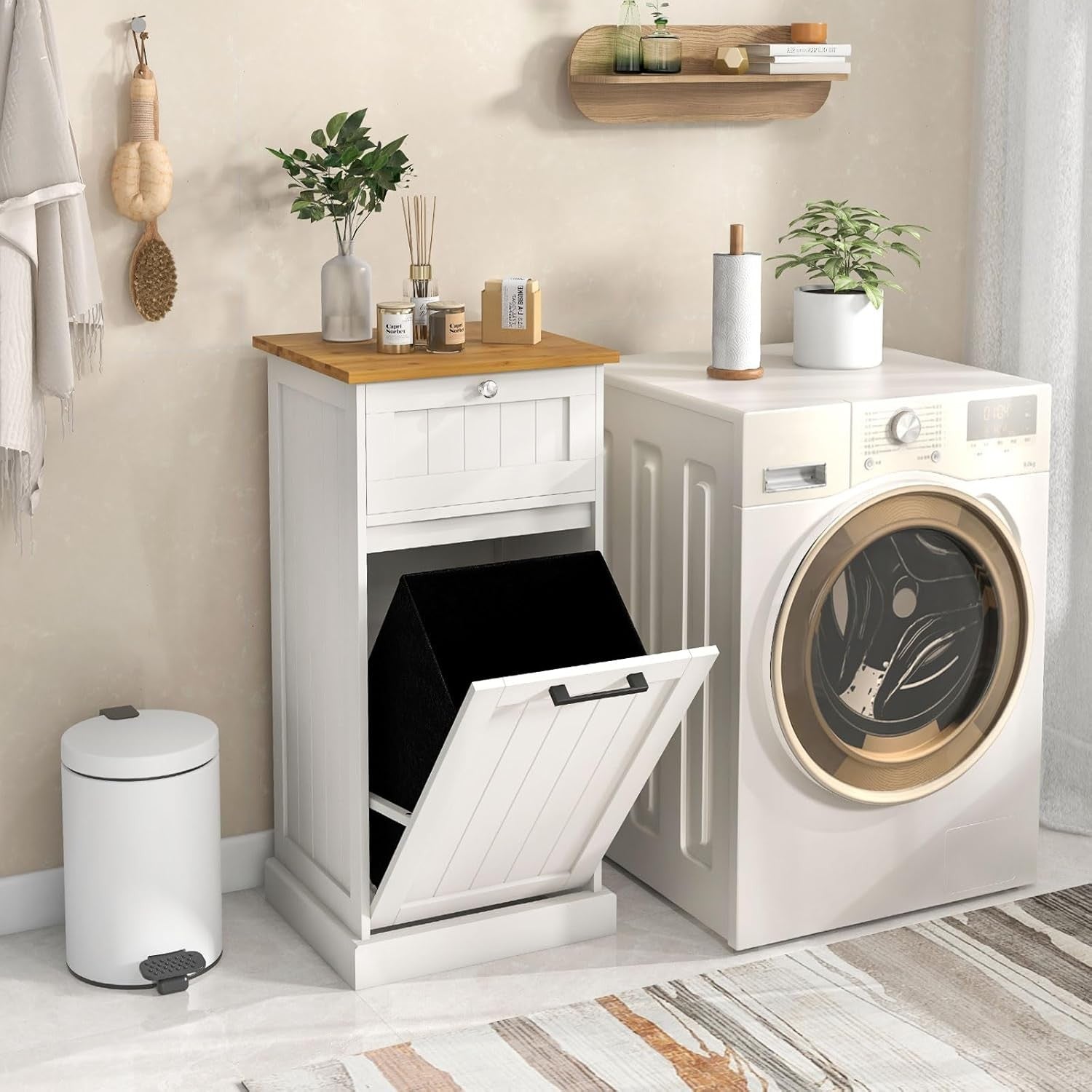 Tilt-Out Laundry Cabinet 30L With Drawer Modern Bathroom Storage White