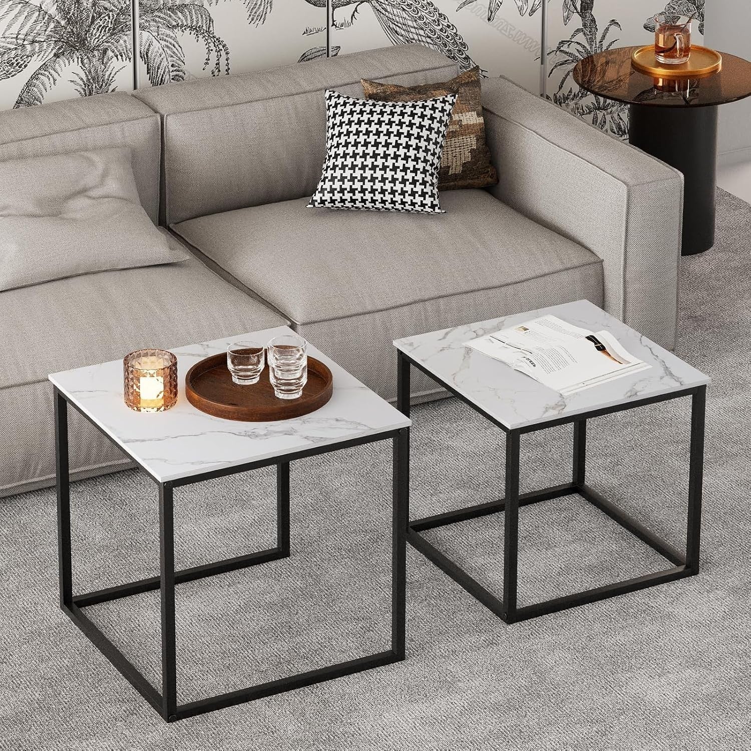 Black Nesting Coffee Table Set Modern Square Side End Tables Metal Frame