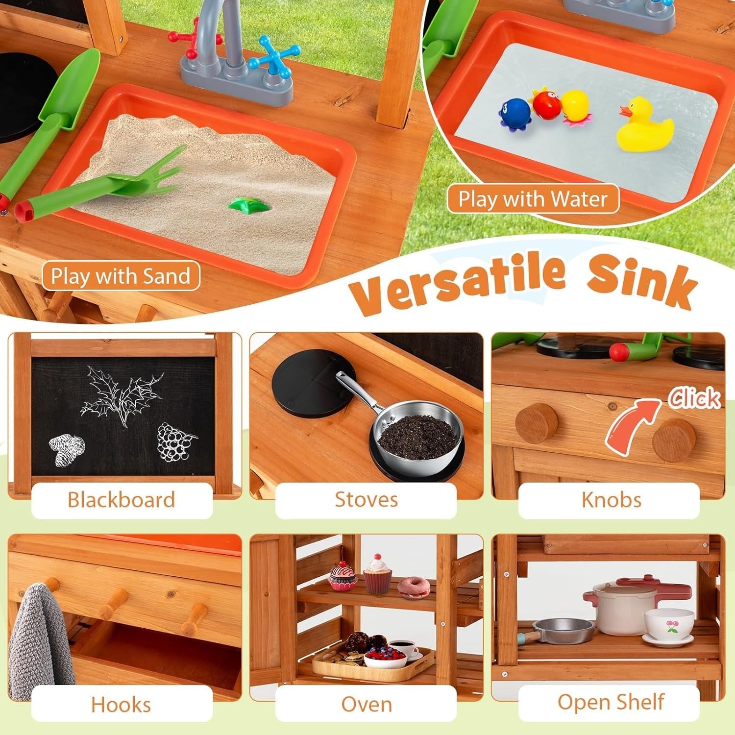 Kids Mud Kitchen Outdoor Wooden Potting Bench Sink Canopy Toy Set