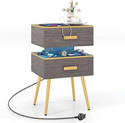 Smart LED Bedside Table with Charging Station | 2-Drawer Nightstand Grey Wood