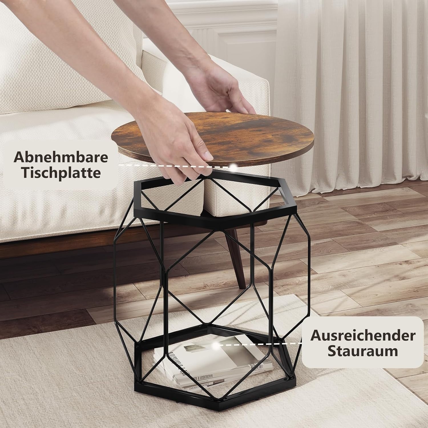 Set of 2 Round Coffee Tables with Removable Tops, Storage & Metal Frame